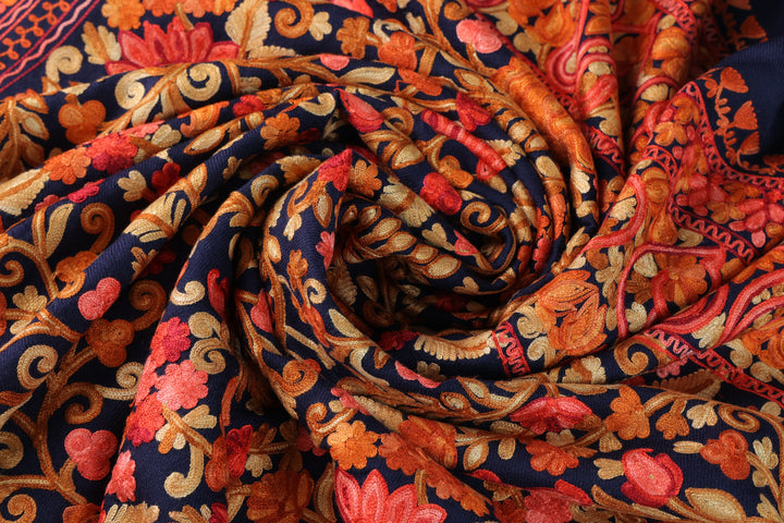 Navy Blue & Orange Cashmere Wool Shawl