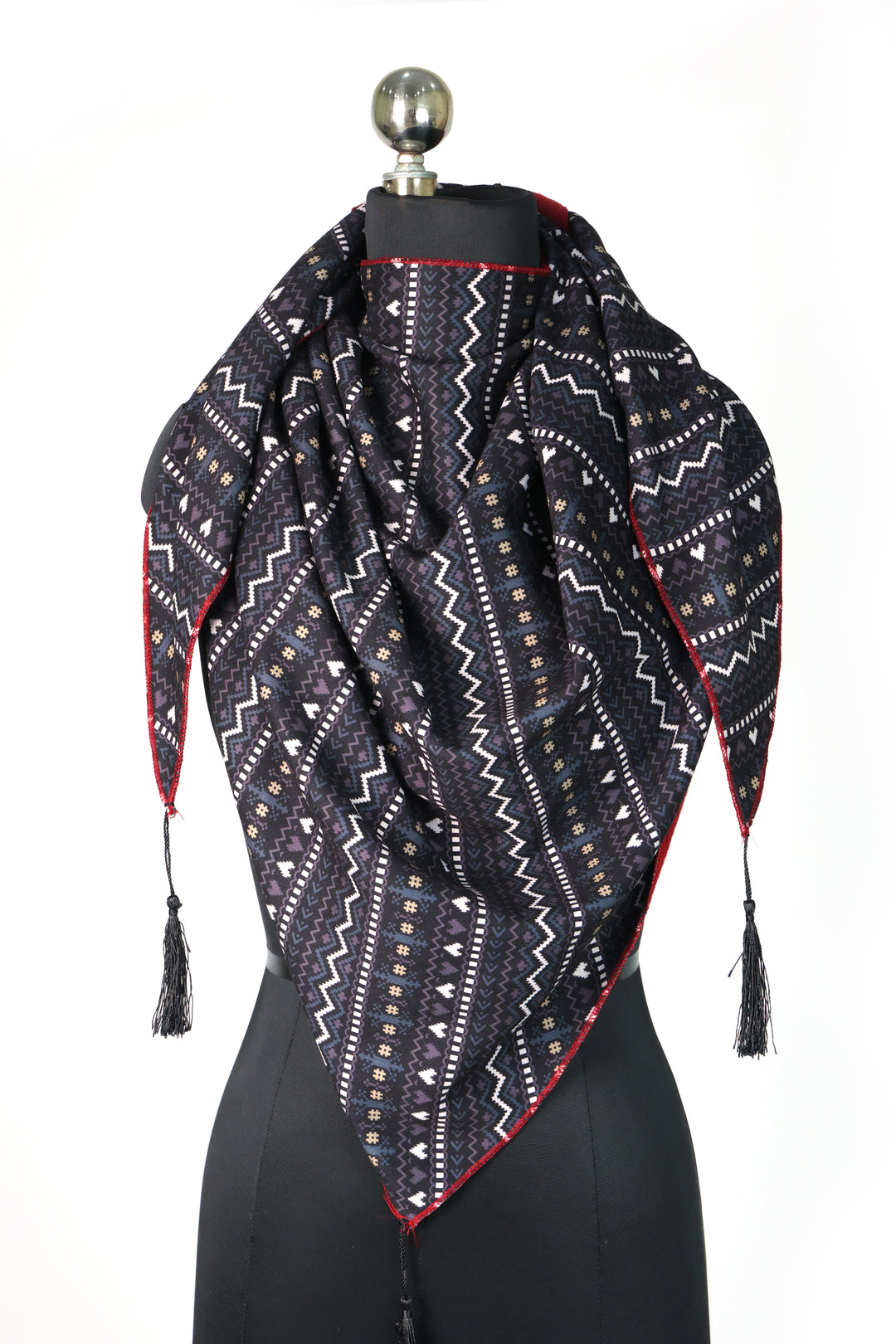 Elegant Maroon & Black Silk-Wool Blend Shawl