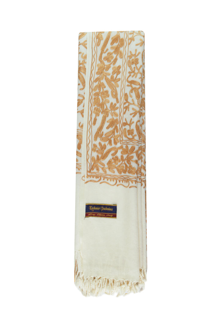 Cashmere Wool Shawl - Off-White & Gold Elegance