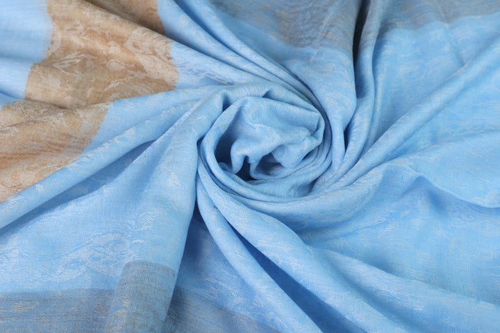 Pashmina Elegance: Luxurious Camel & Blue Wool Shawl