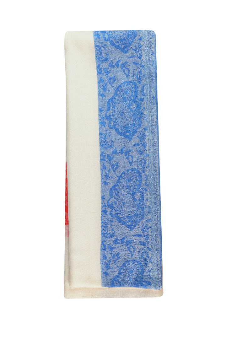 Premium Pashmina Wool Elegance Shawl, Off-white Blue & Red