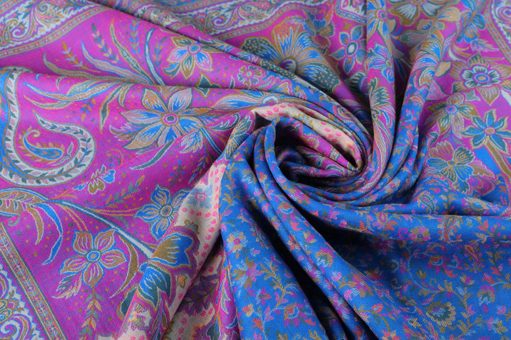 Velvety Blue & Pink Multi Cascade Cashmere Wool Shawl
