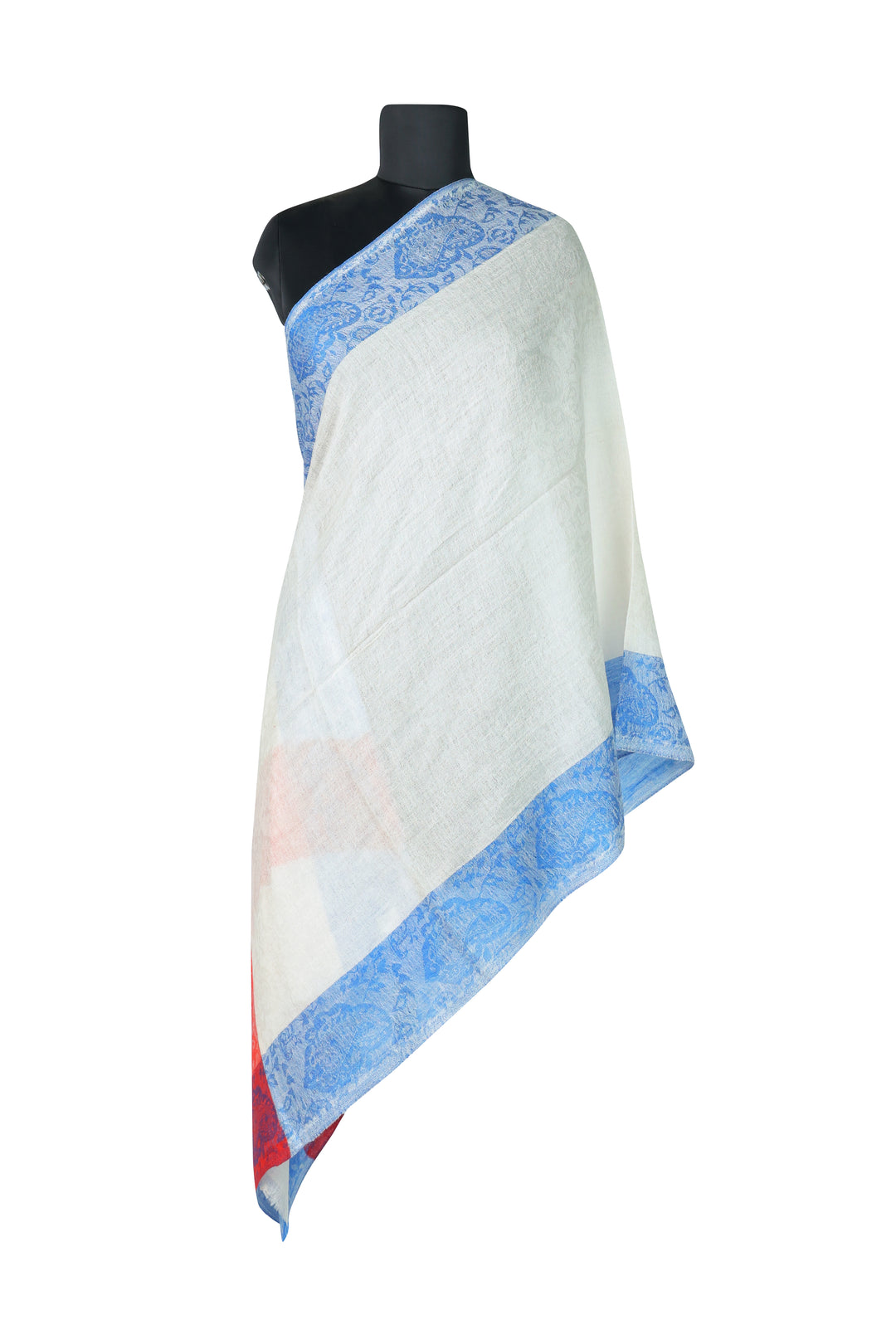 Premium Pashmina Wool Elegance Shawl, Off-white Blue & Red